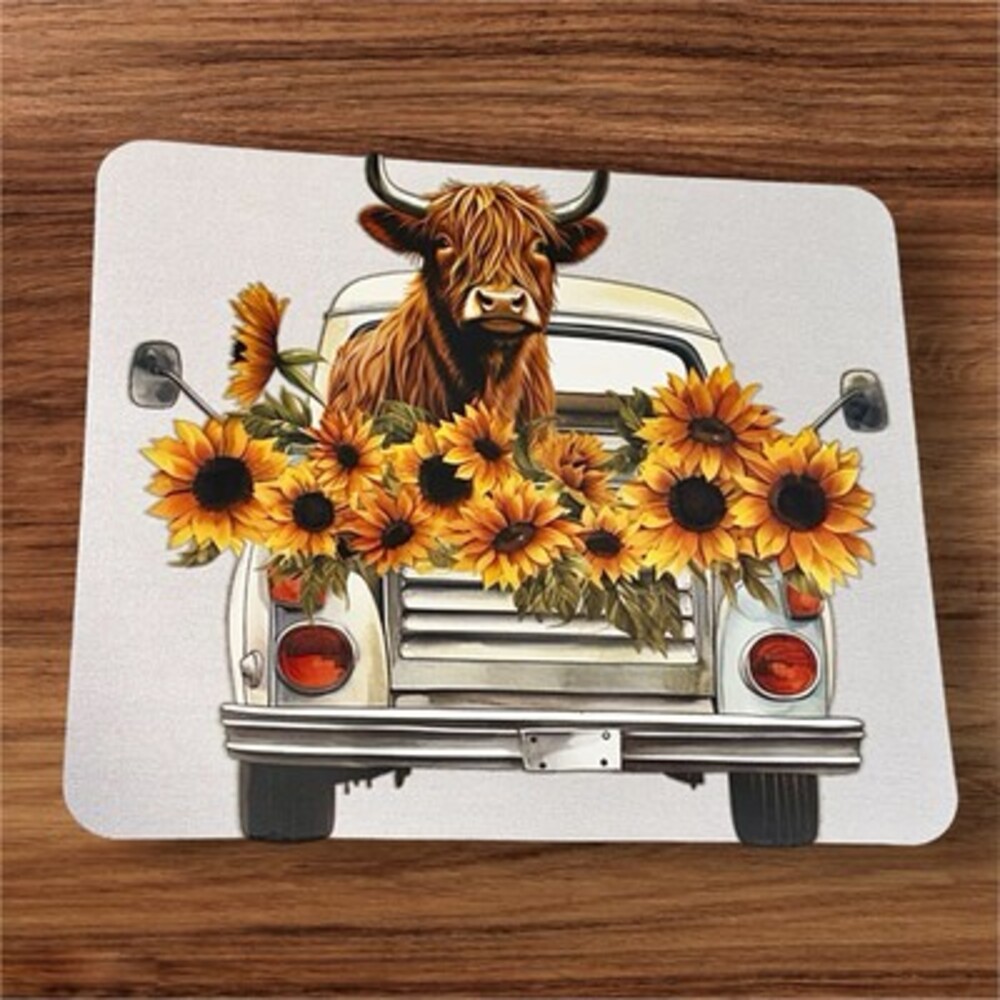 Highland Cow in a truck with Sunflowers  Mouse Pad for Office Desk Mat